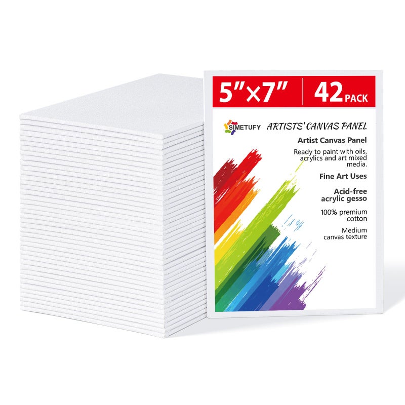 Simetufy 42 Pack 5x7 Inch Small Canvas Boards for Painting, 8oz Pre-Primed Flat Canvas Panels, Acid-Free 100% Cotton for Acrylics Oil Watercolor Paints - Image 1